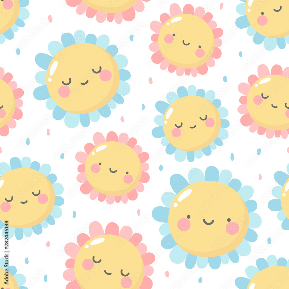 Flowers cute pattern, smile flower face cartoon seamless background, vector illustration