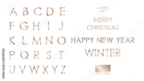 Vector Set of Pink Gold A-Z,  Alphabet letters from A to Z, Stylized bold font and SAMPLE TEXT, MERRY CHRISTMAS, HAPPY NEW YEAR