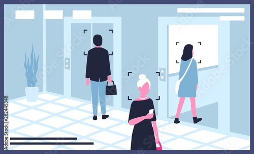 Monitor displaying video from surveillance or CCTV cameras installed in office building. Modern facial recognition or personal identification technology. Flat cartoon colorful vector illustration.