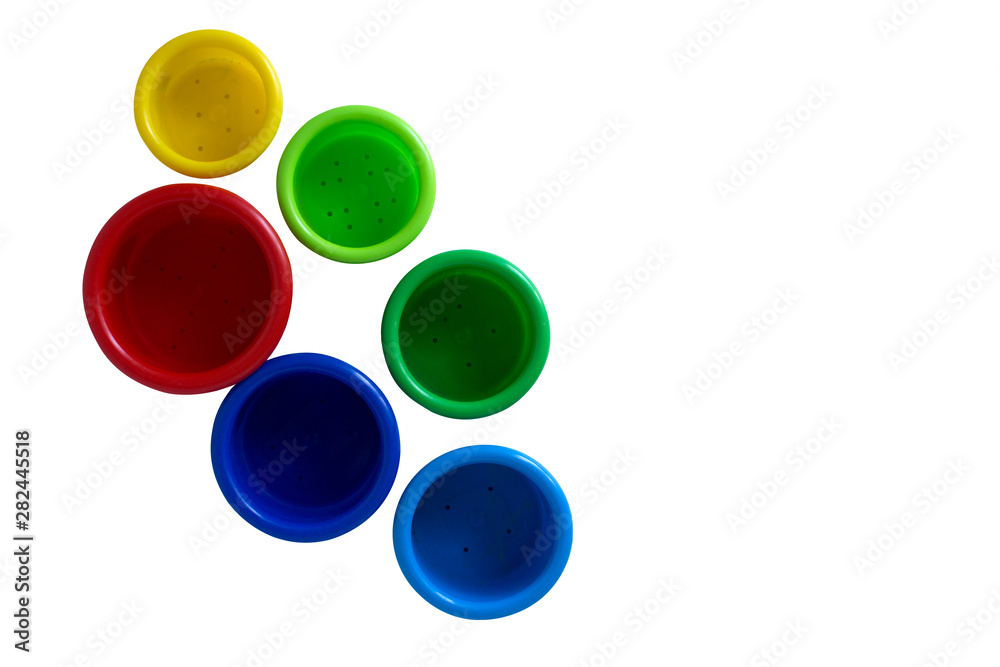 Group of colored plastic glasses top view.