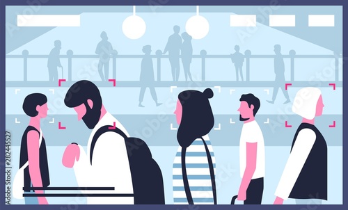 Screen with video from CCTV cameras installed in public location. Modern surveillance technology used for monitoring, face identification, public security. Flat cartoon colorful vector illustration.