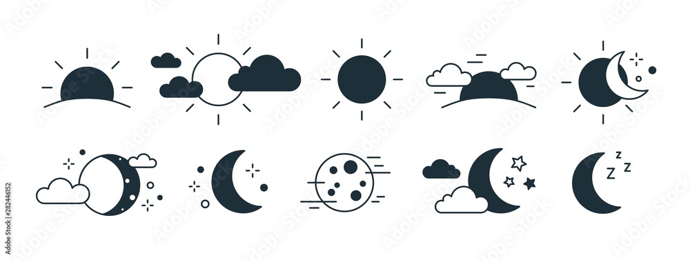 Bundle of rising or setting sun, crescent moon, cloud and stars symbols. Set of day and night time monochrome pictograms drawn with black contour lines on white background. Modern vector illustration. - obrazy, fototapety, plakaty 