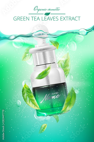 Advertising poster for cosmetic product for catalog, magazine. Design of cosmetic package. Water background with bubbles. Toner, cream, gel, body lotion with green tea extract .