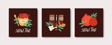 Collection of square Rosh Hashanah cards with Shana Tova phrase decorated by menorah, shofar horn, honey, bird, pomegranate. Flat cartoon vector illustration for Jewish religious holiday celebration.