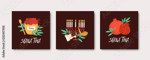 Collection of square Rosh Hashanah cards with Shana Tova phrase decorated by menorah  shofar horn  honey  bird  pomegranate. Flat cartoon vector illustration for Jewish religious holiday celebration.