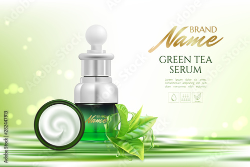 Advertising poster for cosmetic product for catalog, magazine. Vector design of cosmetic package.Moisturizing cream, gel, body lotion with green tea extract . Vector illustration with isolated objects