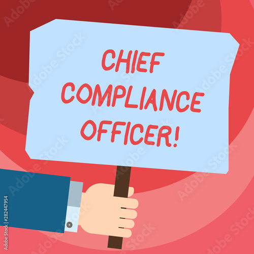 Word writing text Chief Compliance Officer. Business concept for oversees the Corporate Compliance Program Hu analysis Hand Holding Blank Colored Placard with Stick photo Text Space