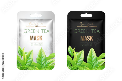 Realistic, 3d, silver and black foil pouch. Packaging design cosmetics. Mock up package for mask, shampoo, food