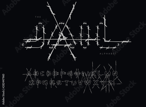 Prison letters and numbers set. Barbed Wire Stroke for Fencing. Font for events, promotions, logos, banner, monogram and poster. Typography design.