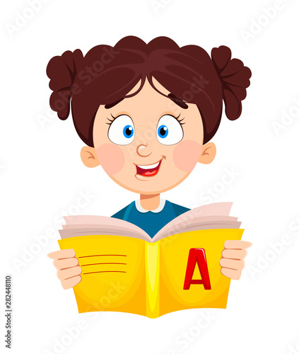 Back to school. Cute schoolgirl reading book