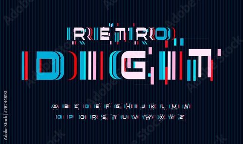 Screen glitches letters set. No signal or bad signal for vector alphabet. Led screen rgb error effect for font. Typography design.