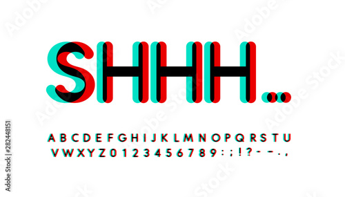 Overprint letters and numbers set. Glowing turquoise and red spectrum effect style vector latin alphabet. Font for digital events, promotions, logos, banner, monogram and poster. Typography design.