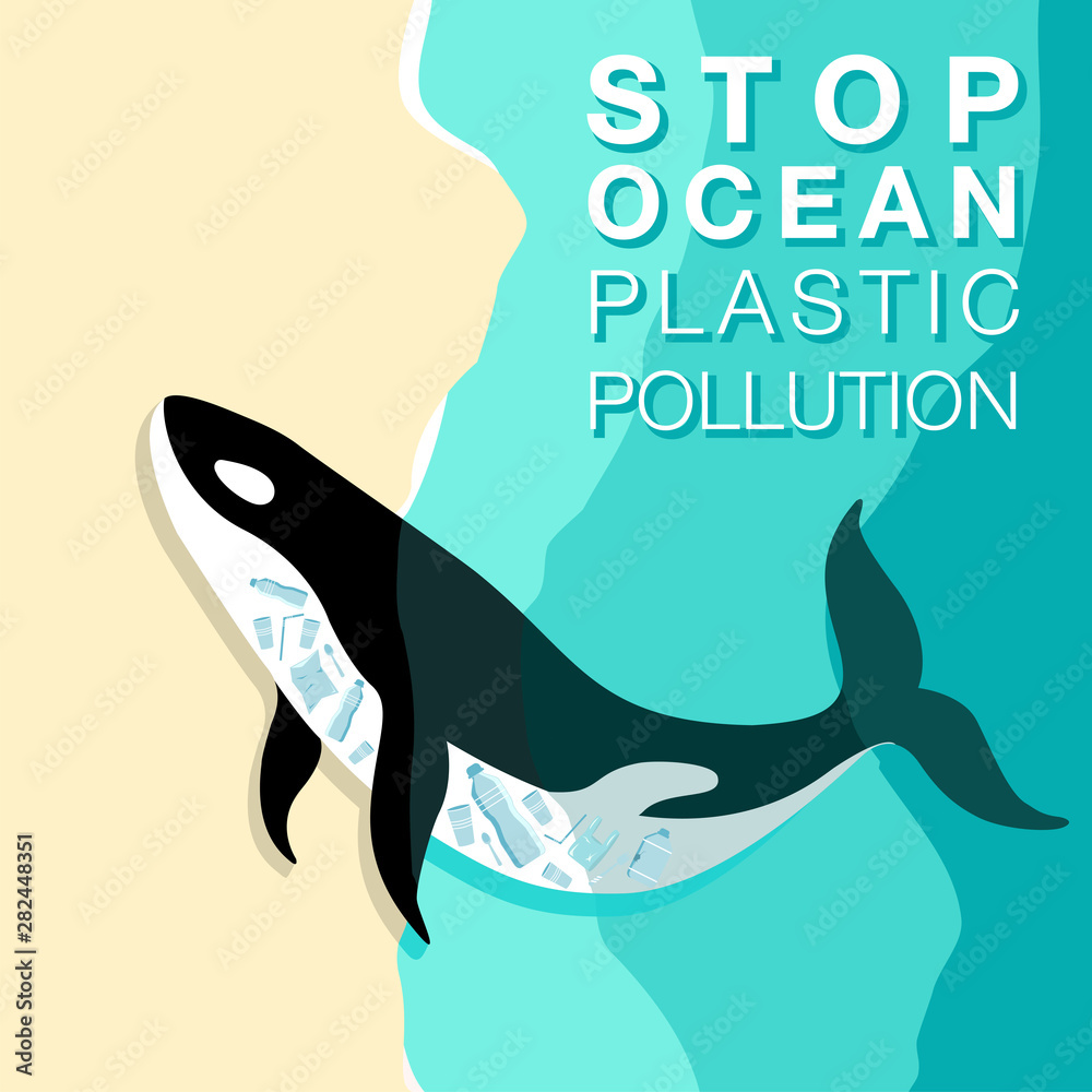 Obraz premium Garbage in a whale lying on the beach. Ecological poster. The dead whale ate plastic trash. Keep the sea, concept without plastic. Various plastic trash. Environmental pollution