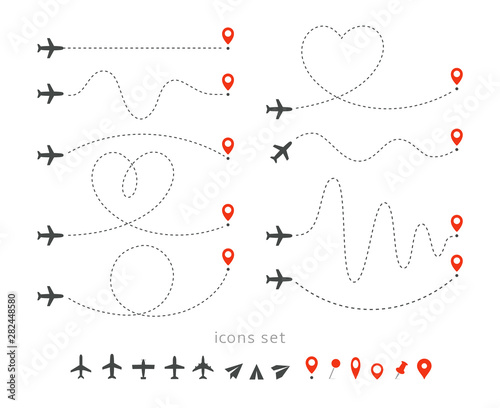 Set icons of travel way by plane. Takeoff and landing of a passenger plane. Flight route infographic elements. Flight by airplane, aviation tourism vector isolated illustrations collection.