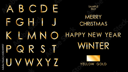 Vector Set of Yellow Gold A-Z,  Alphabet letters from A to Z, Metallic Bold font with SAMPLE TEXT, MERRY CHRISTMAS, HAPPY NEW YEAR on Black background