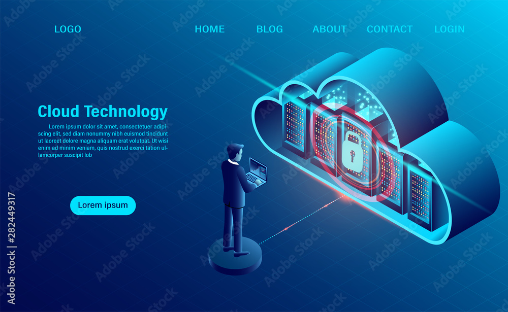 Cloud Computing Concept. data security concept. Online computing technology. Big data flow processing concept, 3d servers and datacenter. isometric flat design