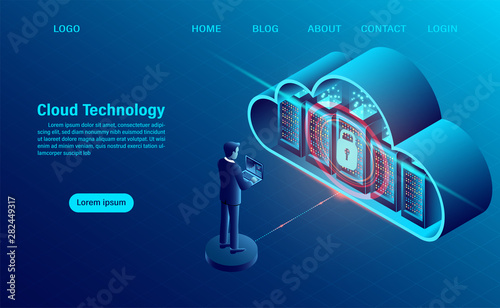 Cloud Computing Concept. data security concept. Online computing technology. Big data flow processing concept, 3d servers and datacenter. isometric flat design