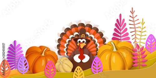Thanksgiving Day. Advertising banner with traditional turkey in a hat, pumpkins, autumn leaves in the style of papercut. Layered horizontal vector background EPS10