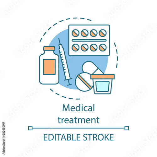 Medical treatment concept icon. Medications idea thin line illustration. Aid to sick. Pills, syrupe, injections. Medicine prescription. Therapy. Vector isolated outline drawing. Editable stroke