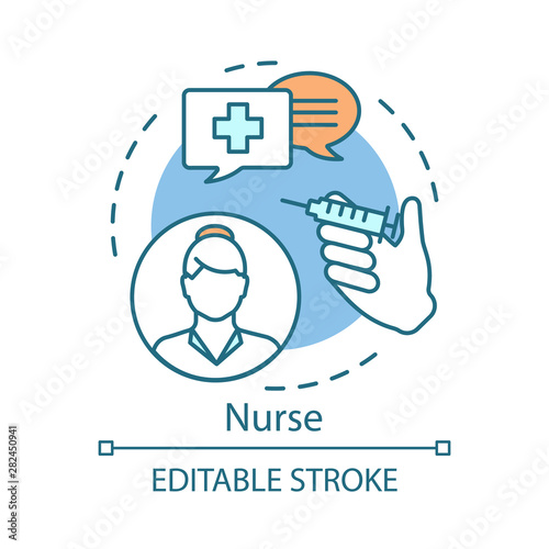 Nurse concept icon. Medical treatment idea thin line illustration. Patient care and aid. Examination of patient. Healthcare worker. Medical service. Vector isolated outline drawing. Editable stroke