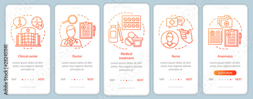 Medicine and healthcare onboarding mobile app page screen with linear concepts. Call, select, pay, receive, enjoy. Steps graphic instructions. UX, UI, GUI vector template with illustrations