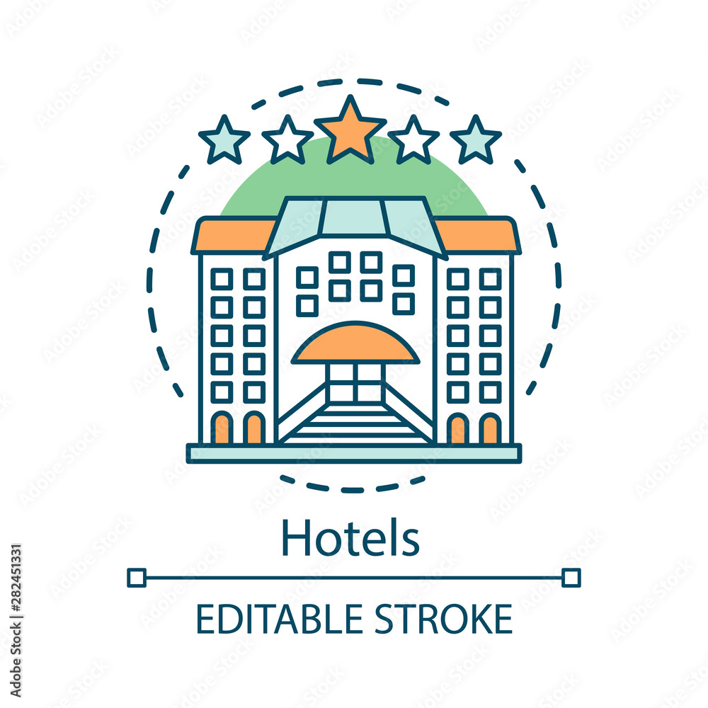 Hotels concept icon. Guesthouse, hostel idea thin line illustration. Holidays stay in hotel. Traveler and tourist accommodation, apartment, motel. Vector isolated outline drawing. Editable stroke