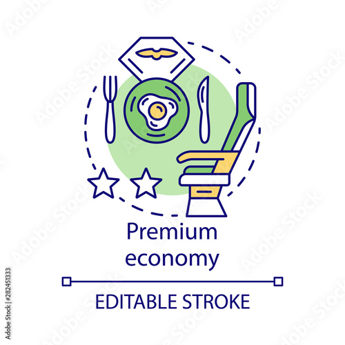 Premium economy concept icon. Airline travel class idea thin line illustration. Flight menu, breakfast. Passenger seat. Transport for traveling. Vector isolated outline drawing. Editable stroke