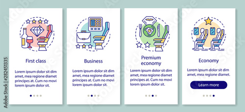Airline travel class seating onboarding mobile app page screen with linear concepts. Business, economy class seats walkthrough steps graphic instructions. UX, UI, GUI vector template with icons