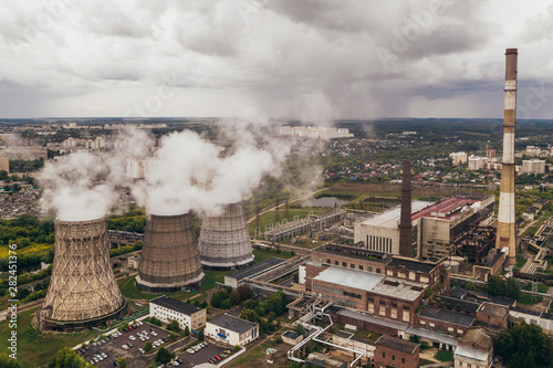 Canvas Print Smoke from chimneys of thermal power plant or station, aerial view from drone
