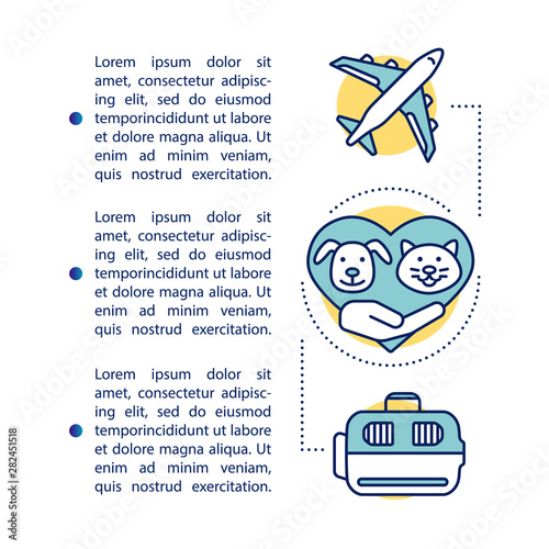 Airline travel with pet article page vector template. Dog, cat transportation. Brochure, booklet design element with linear icons and text boxes. Print design. Concept illustrations with text space