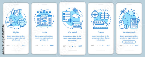 Travel planner blue onboarding mobile app page screen with linear concepts. Flights, hotel, vacation rentals walkthrough steps graphic instructions. UX, UI, GUI vector template with illustrations