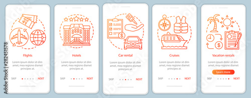 Travel planner orange onboarding mobile app page screen vector template. Vacation, journey. Cruise, hotel. Walkthrough website steps with linear illustrations. UX, UI, GUI smartphone interface concept