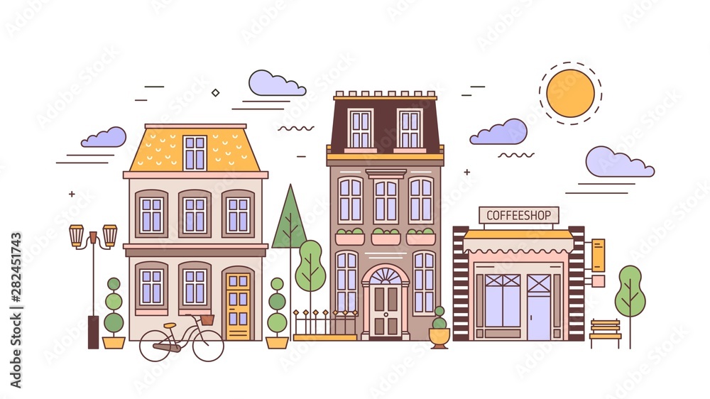 Urban landscape or cityscape with facades of stylish residential buildings. Street view of city district with elegant living houses and coffee shop. Colorful vector illustration in line art style.