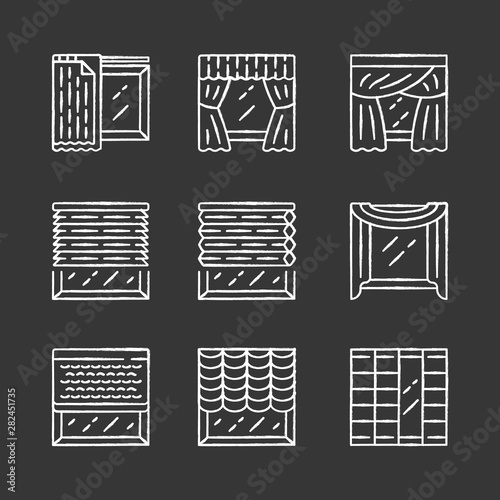 Jalousie and curtains chalk icons set. Cellular shades, window treatment set, scarf, liner. Home, office interior accessory. Living room, kitchen, decoration. Isolated vector chalkboard illustrations