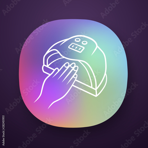 Nail dryer app icon. UV, LED, hybrid lamp. Gel polish drying. Beauty device for salon and home use. Hand hygiene. UI/UX user interface. Web or mobile application. Vector isolated illustration