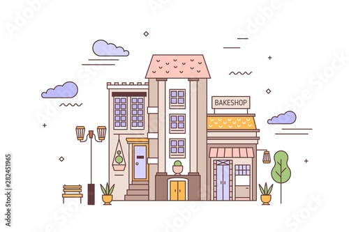 Urban landscape or cityscape with facades of living building and bakery. Street view of city district with elegant house and bakeshop or bakehouse. Colorful vector illustration in linear style.