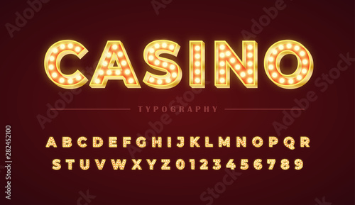 3d light bulb alphabet with gold frame isolated on dark red background. Broadway style retro glowing font. Vector illustration.