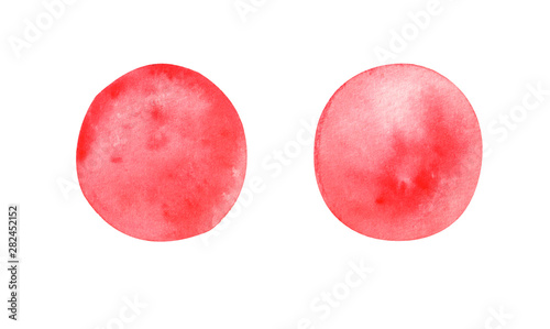 Light red watercolor circles set. Round ligth red geometric shapes on white background. Aquarelle stains on paper texture. Abstract art. Template for your design. photo