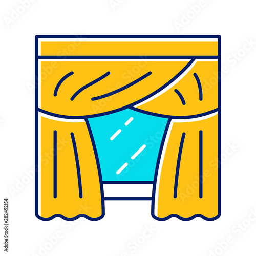 Priscilla curtains color icon. Panel pair with attached valance hanging on curtain rod. Living room, kitchen, bedroom drapes. Home interior decor. Isolated vector illustration