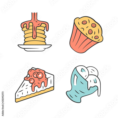Desserts color icons set. Pancakes, muffin, cheesecake, ice cream. Bakery shop, confectionery menu. Plombir, gelato, cupcake. Sweet food, confections dishes. Isolated vector illustrations