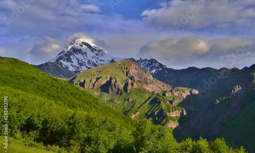 Beautiful Kazbek Mountain near Stepantsminda town. Georgian Valley.