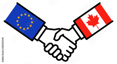 EU CANADA trade agreement, CETA, handshake, flags