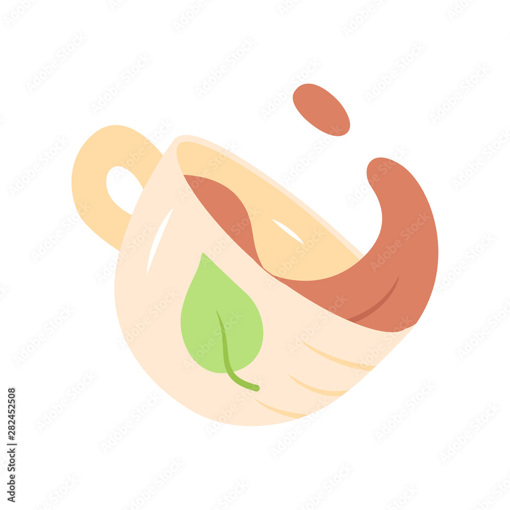 Tea cup flat design long shadow color icon. Hot steaming mug with splash. Tea shop, kitchenware, dishware. Leaf emblem on cup. Aromatic beverage. Refreshment drink. Vector silhouette illustration Tea cup flat design long shadow color icon. Hot steaming mug with splash. Tea shop, kitchenware, dishware. Leaf emblem on cup. Aromatic beverage. Refreshment drink. Vector silhouette illustration