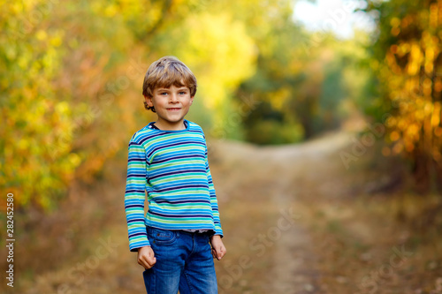 Portrait of little cool kid boy in forest. Happy healthy child having fun on warm sunny day early autumn. Family, nature, love and active leisure.