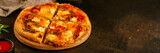 pizza, tomato sauce, cheese (mushrooms, olives, chicken, pizza ingredients). hot pizza. Top view. copy space