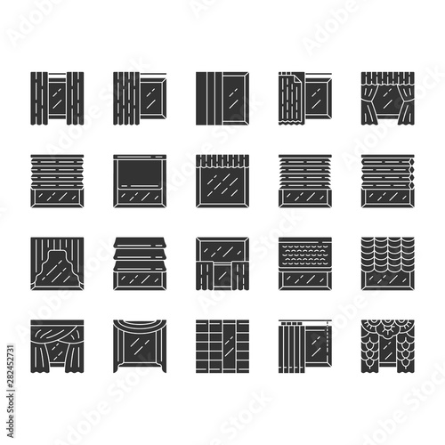 Window treatments and curtains glyph icons set. Roman shades, blinds, valance, panel, shutters. Room darkening. Interior design, home decor shop. Silhouette symbols. Vector isolated illustration