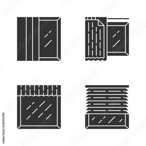 Window treatments glyph icons set. Panel tracks, liner, valance. House and office decoration. Kitchen, living room curtain. Home interior design. Silhouette symbols. Vector isolated illustration