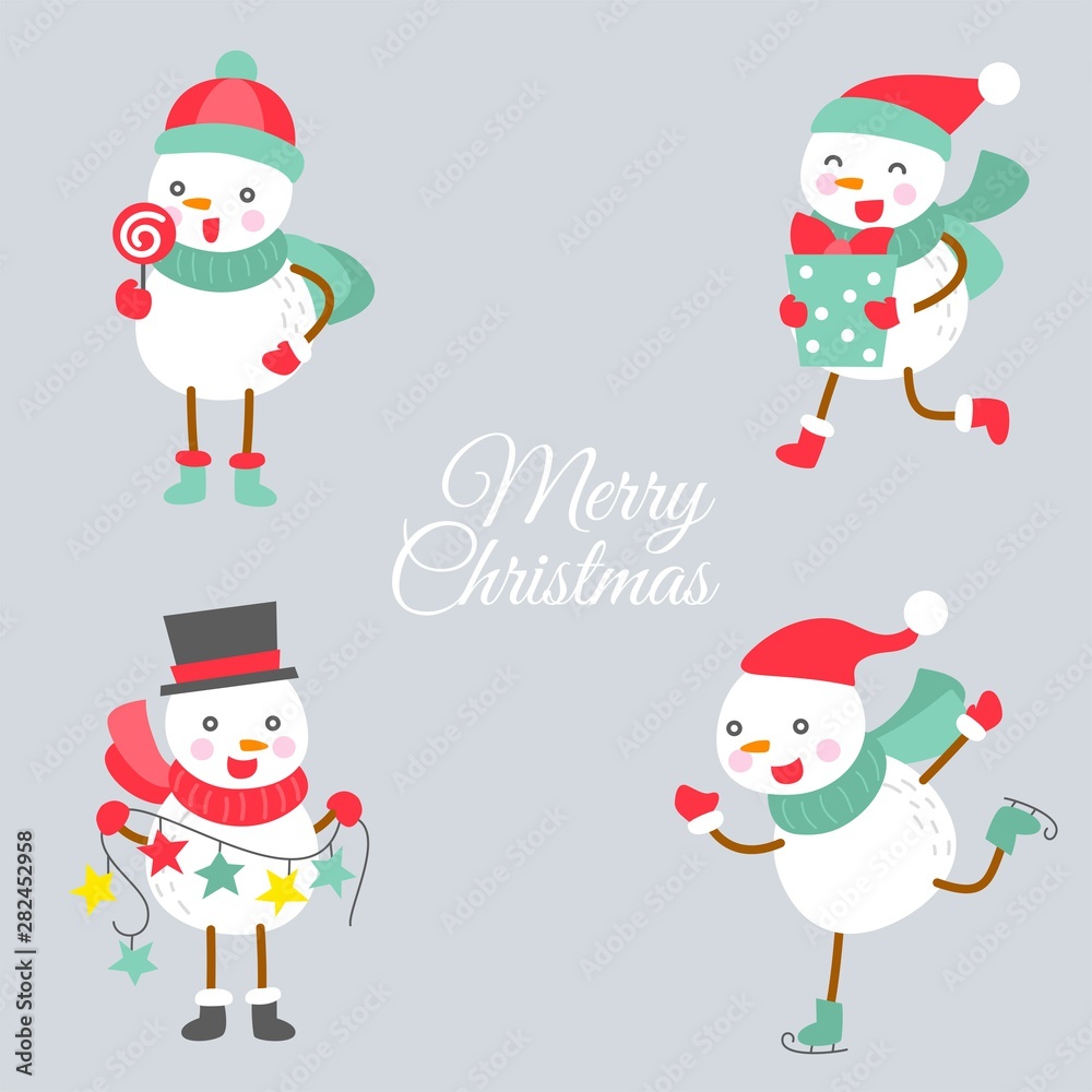 set of cute snowman doodle illustration in flat design. set of cute snowman doodle illustration in flat design.