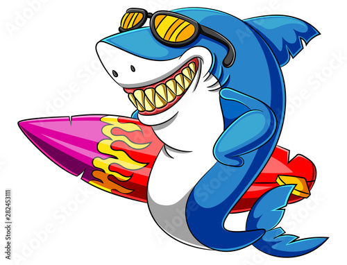 A shark cartoon with eyeglasses carrying surfboard