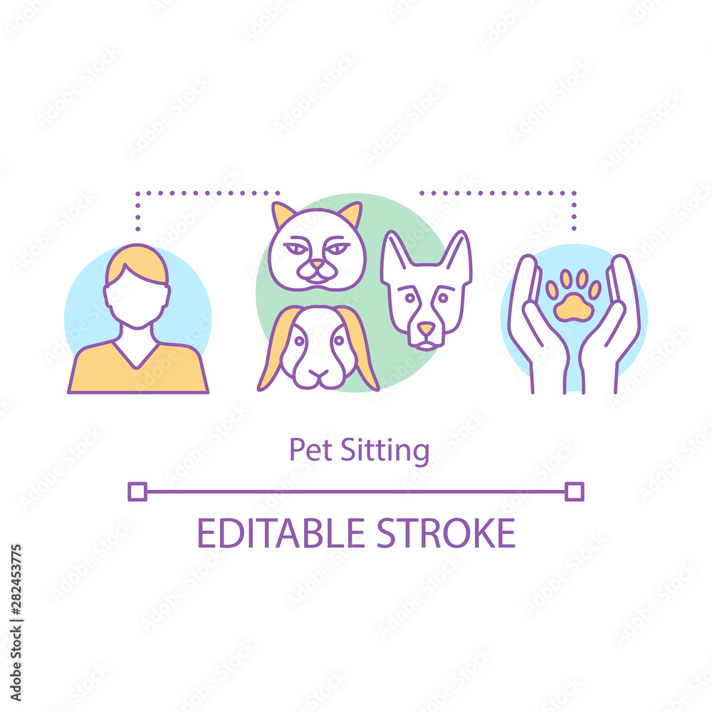 Fototapeta premium Pet sitting concept icon. Animal shelter. Hotel for animals. Protection, care for dogs, cats, rabbits. Vet clinic idea thin line illustration. Vector isolated outline drawing. Editable stroke